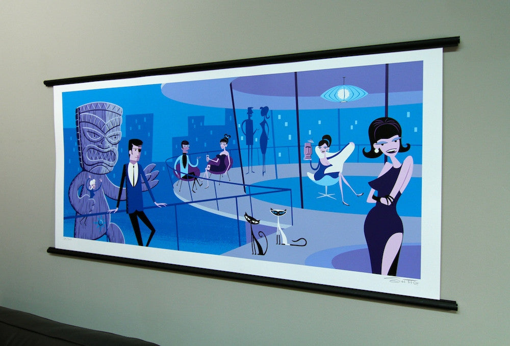 Josh Agle Shag An Extraordinary Evening Print hanging on wall with poster hanger
